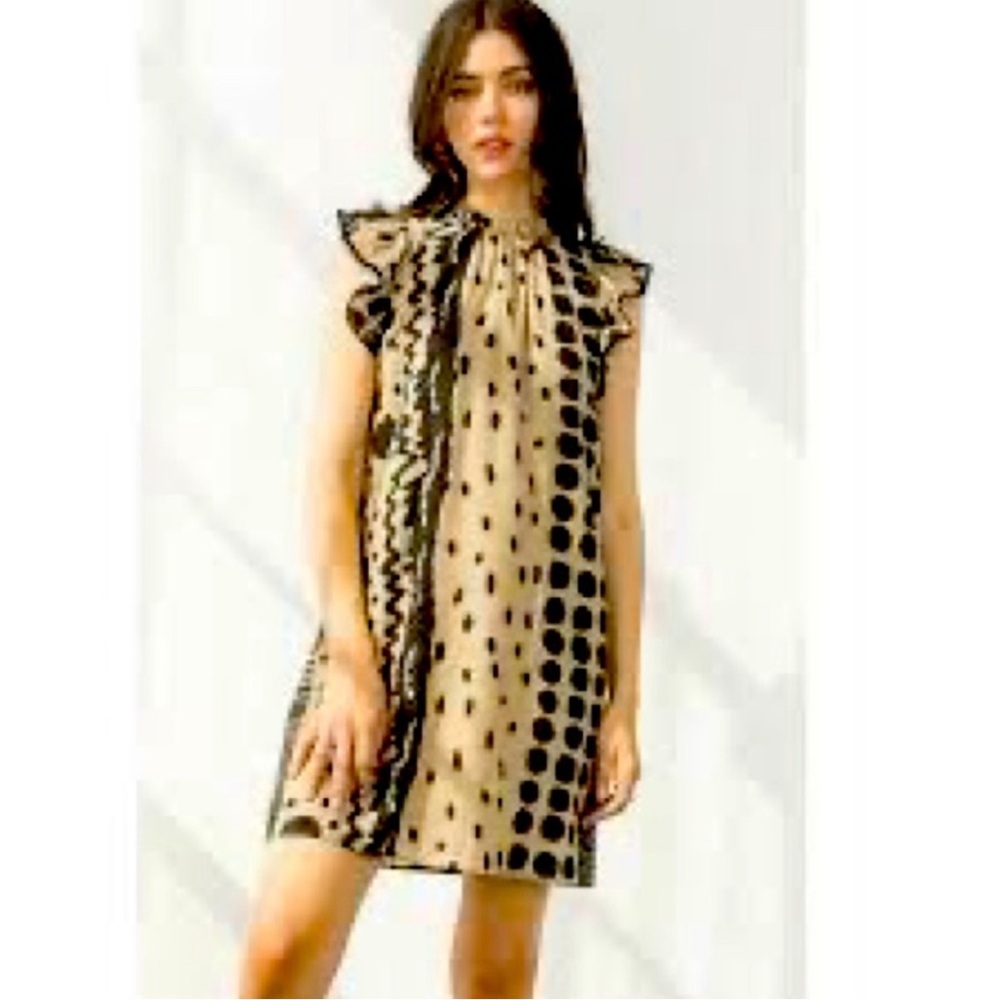 THML Anthropologie Polka Dot Geometric Print Dress in Blk/Tan Size Small